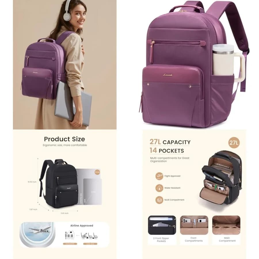 Zaino per laptop da donna con finiture in pelle e tasche porta bicchieri, borsa da lavoro, borsa da viaggio, borsa per oggetti personali, bagaglio a mano per affari