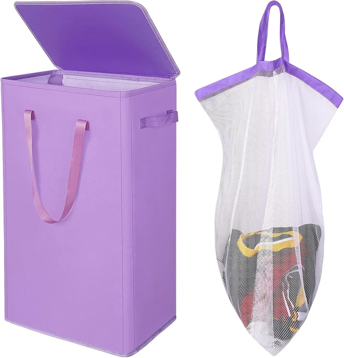 75L Slim Laundry Hamper with Lid, Foldable Dirty Clothes Basket with Removable Bag and Handles, Tall Collapsible for Bedroom Bathroom Dorm RV, Purple