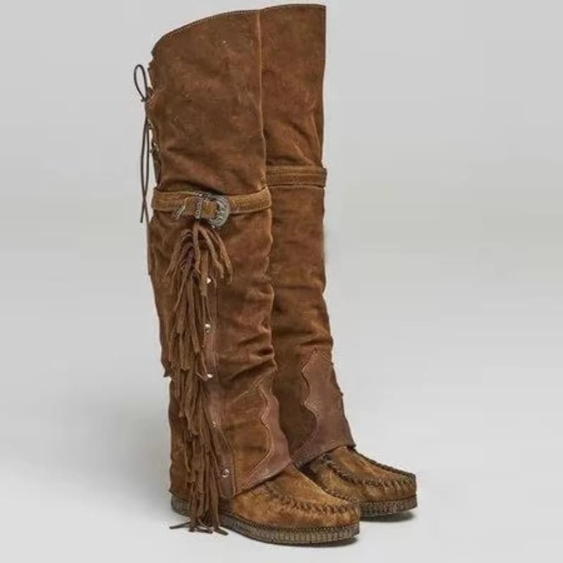 2026 New Womens Over The Knee Fringe Tassel Boots Bohemian Style Suede Leather Flat Moccasin Boots for Women Retro Western Shoes
