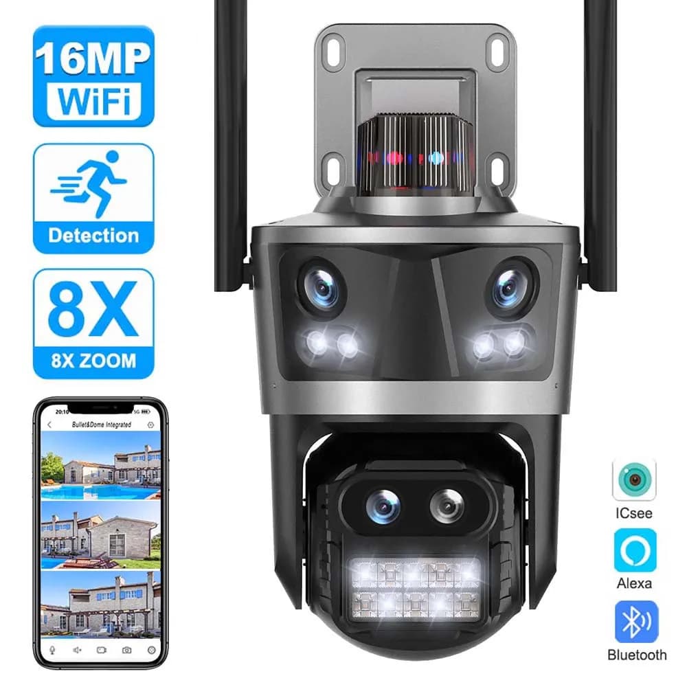 Telecamera di sorveglianza WiFi 8K 16MP, telecamera di sicurezza domestica PTZ con zoom 8X a quattro lenti per esterni, protezione di sicurezza con tracciamento automatico, telecamera IP 4K, videocamera CCTV wireless I