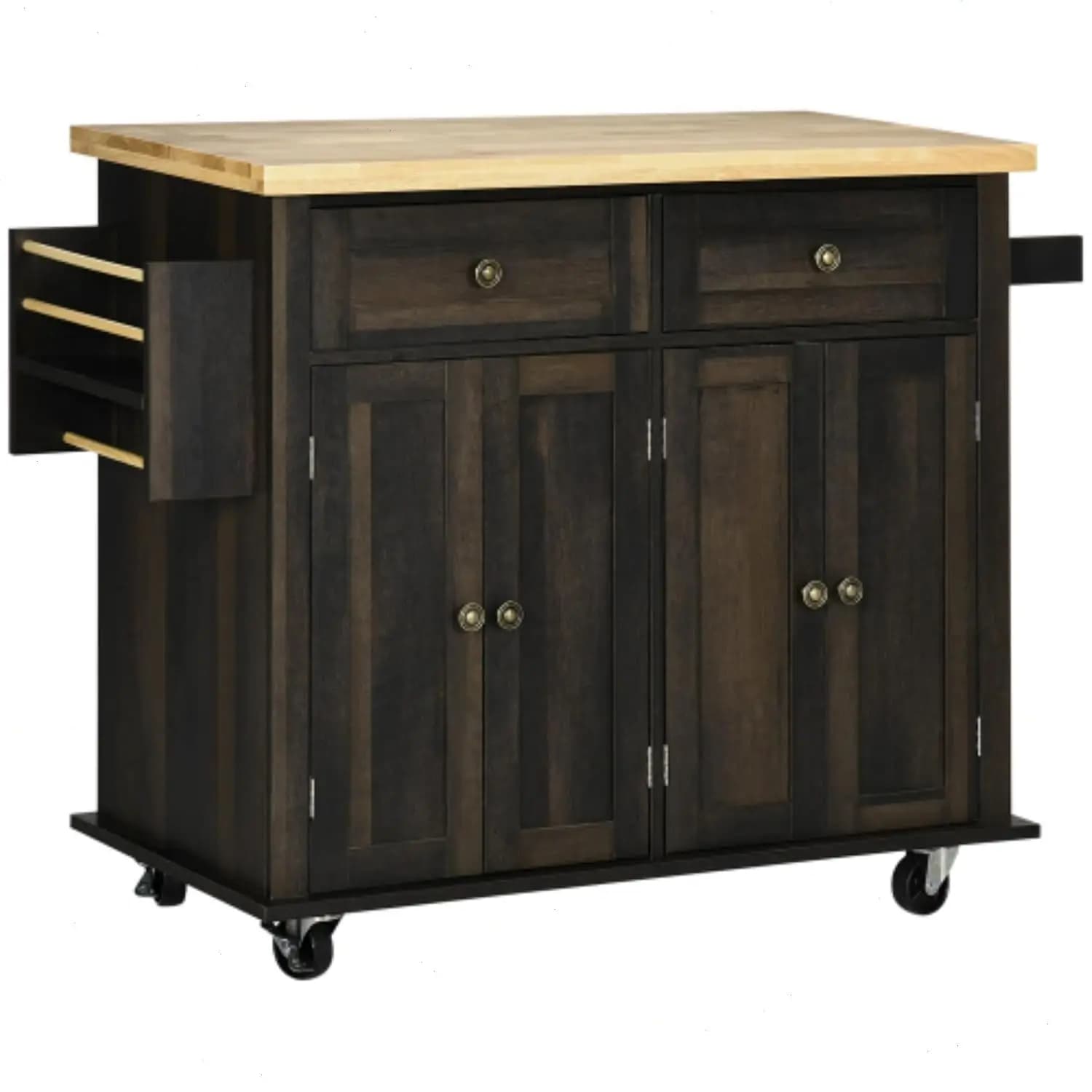 Kitchen Island Cart, 44" Wood Top Mobile Table with Storage, 2 Drawers, Shelves, Spice Rack & Towel Bar, Customized