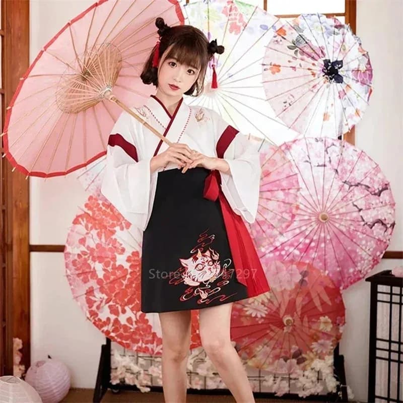 DY 202025 Gatto bianco ricamo gonne vintage abbigliamento asiatico yukata haori cosplay party set da 2 pezzi 25