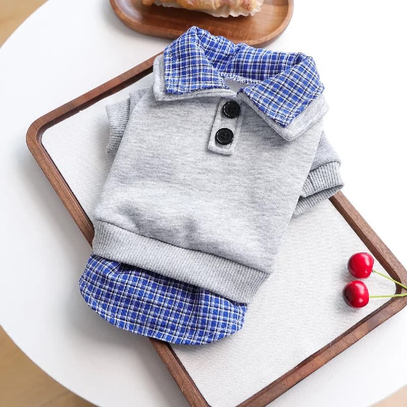 Preppy Style Blue Plaid Pet Hoodie, Gray with Plaid Collar & Hem, Button Decor, Two-Legged Pullover for Small Dogs & Cats