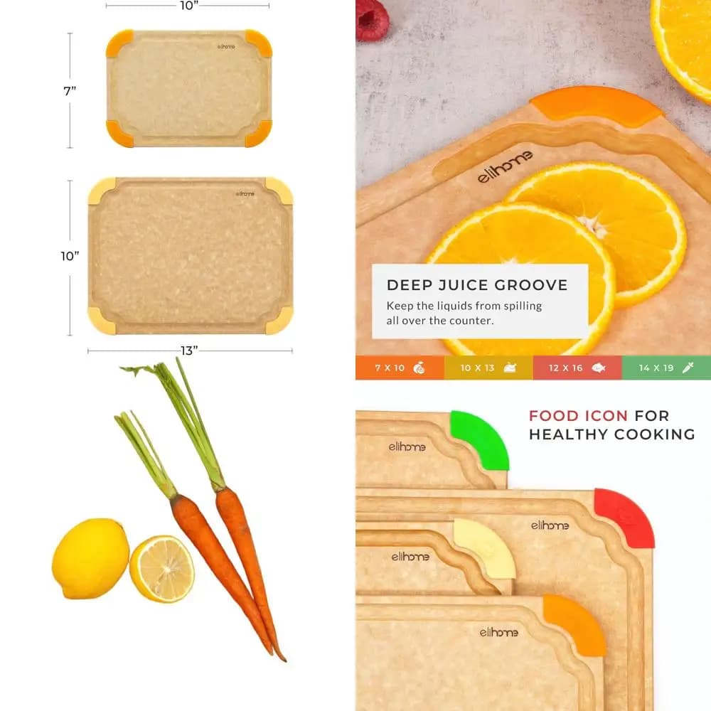 Double Use Anti-slip Taglieri Set, Codified for Food Types, in Natural Wood, Dishwasher Washables, Ecological, Without BPA, Made