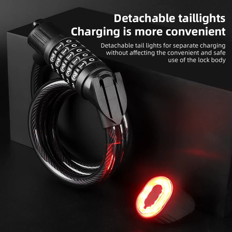 Bicycle Lock with Tail Light 5-Digit Security Password Bike Lock Steel Cable Chain Anti-theft Bicycle Bike Accessories
