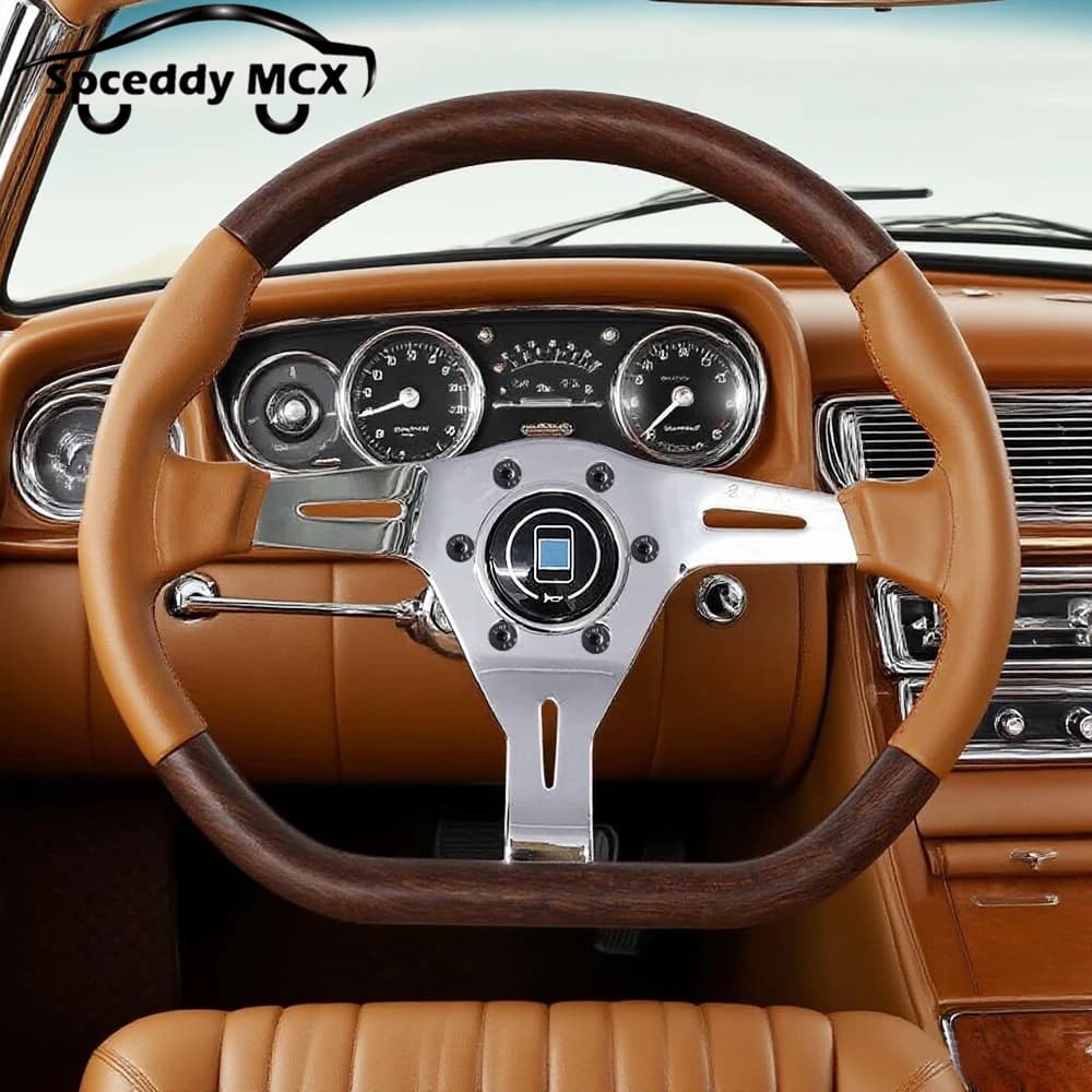 14 pollici 350mm D Forma Ellittica Nuova Auto Sport Volante Lucidatura Galvanotecnica Raggio Legno Look Grip Pelle Marrone