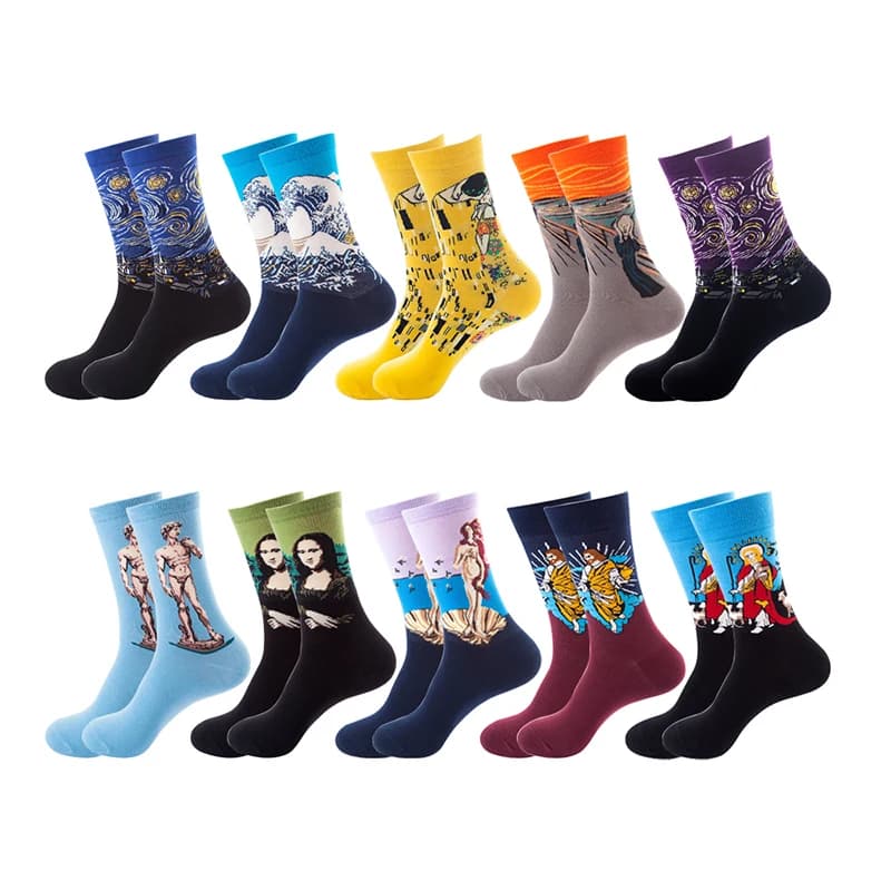 1 Pair Van Gogh Starry Night Cotton Socks Women Men Mona Lisa Oil Painting Retro-classical Series Skateboard Casual Couple Socks