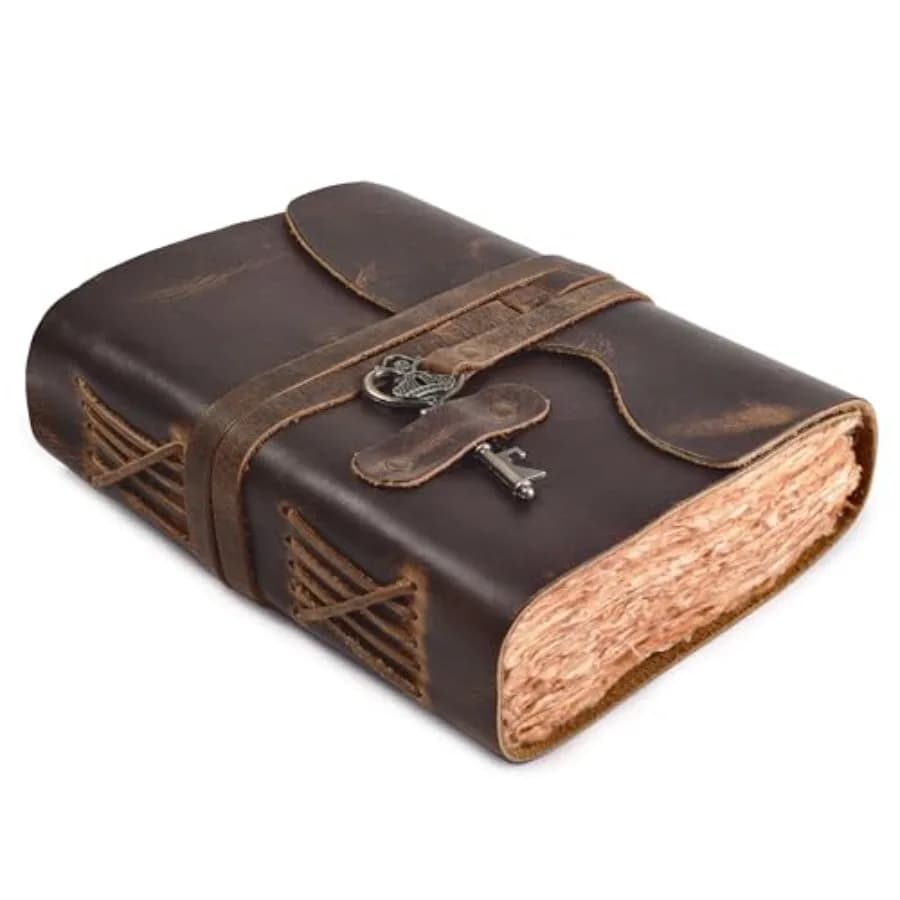 Genuine Leather Bound Journal for Men and Women - Vintage Key Closure - Book of Shadow - 200 Pages Handmade Vintage Deckle Edge
