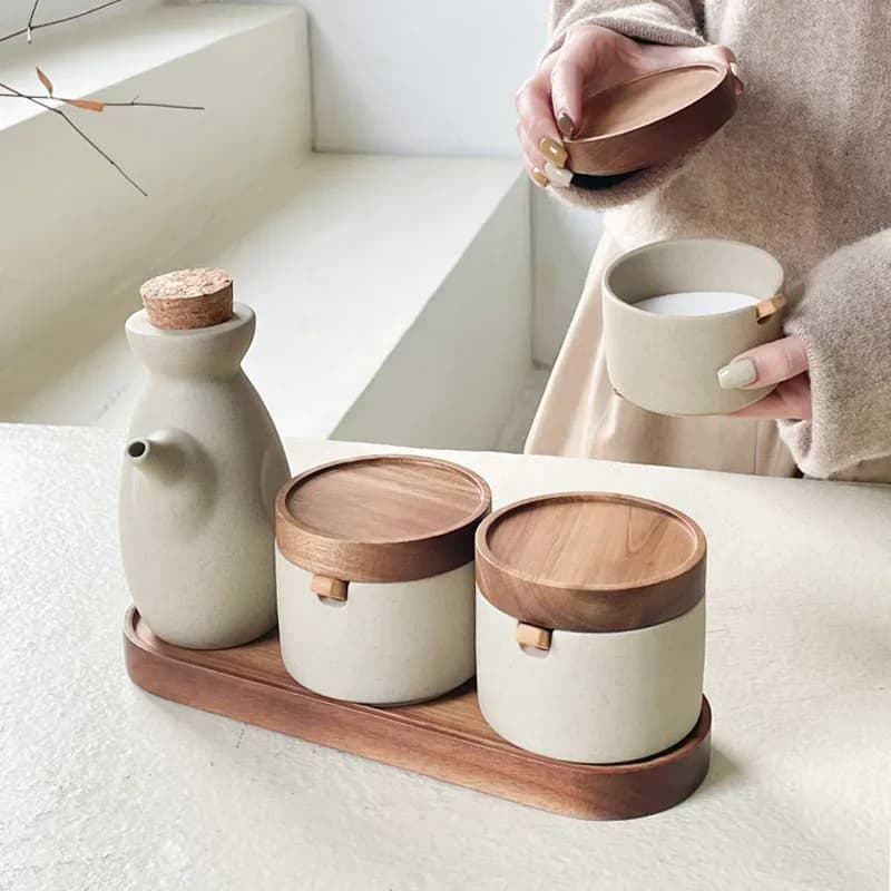 Barattolo di condimento in ceramica Vintage cucina di casa in stile giapponese sale peperoncino barattolo di zucchero vaso di olio coperchio in legno spezie utensili da cucina moderni