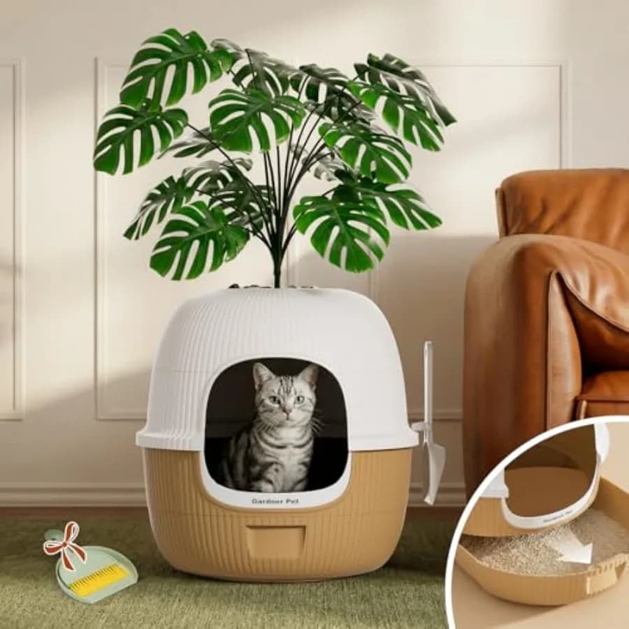 Lettiera per Gatti Nascosta con Pianta Finta e Paletta, Contenitore Decorativo a Cassetto con Filtro al Carbone per il Controllo degli Odori, Effetto Inodore