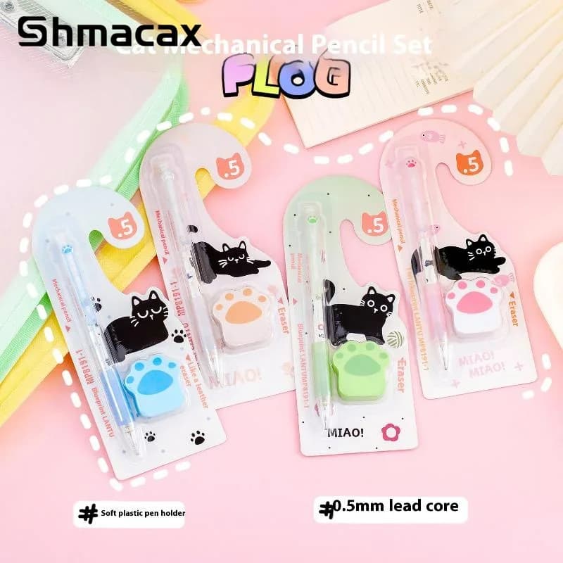 Kawaii Cat Paw Mechanical Pencil Eraser Set Cartoon Automatic Pencils 0.5MM School Supplies For Kids Student Stationery