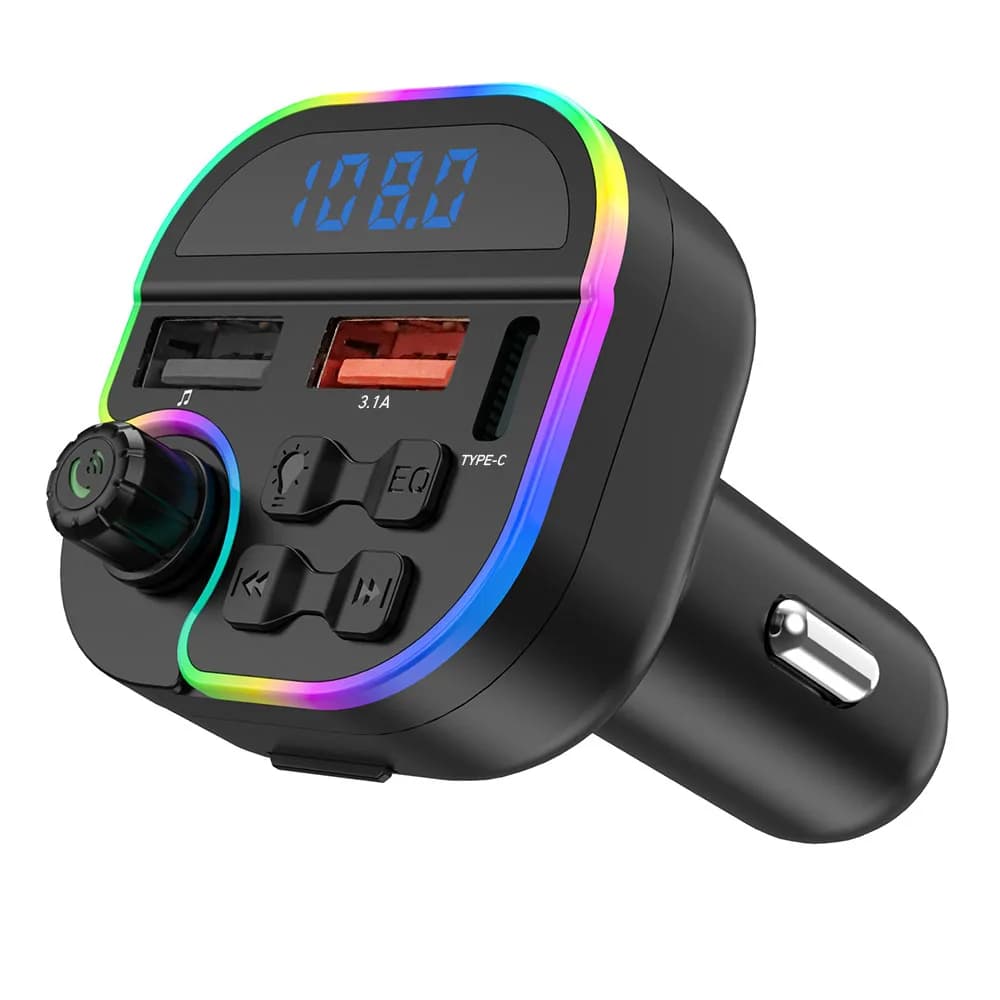 Lettore MP3 Bluetooth 5.0 per auto, trasmettitore FM per comunicazione vivavoce Doppia chiavetta USB, caricatore PD con luce ambientale colorata EQ