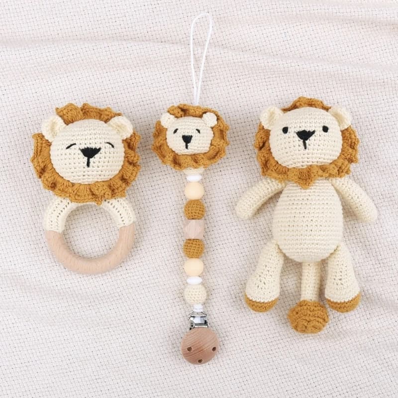 BPA Free Crochet Lion Baby massaggiagengive kawaii peluche bambola legno di faggio neonato massaggiagengive anello ciuccio Clip Baby Birth Gift Box