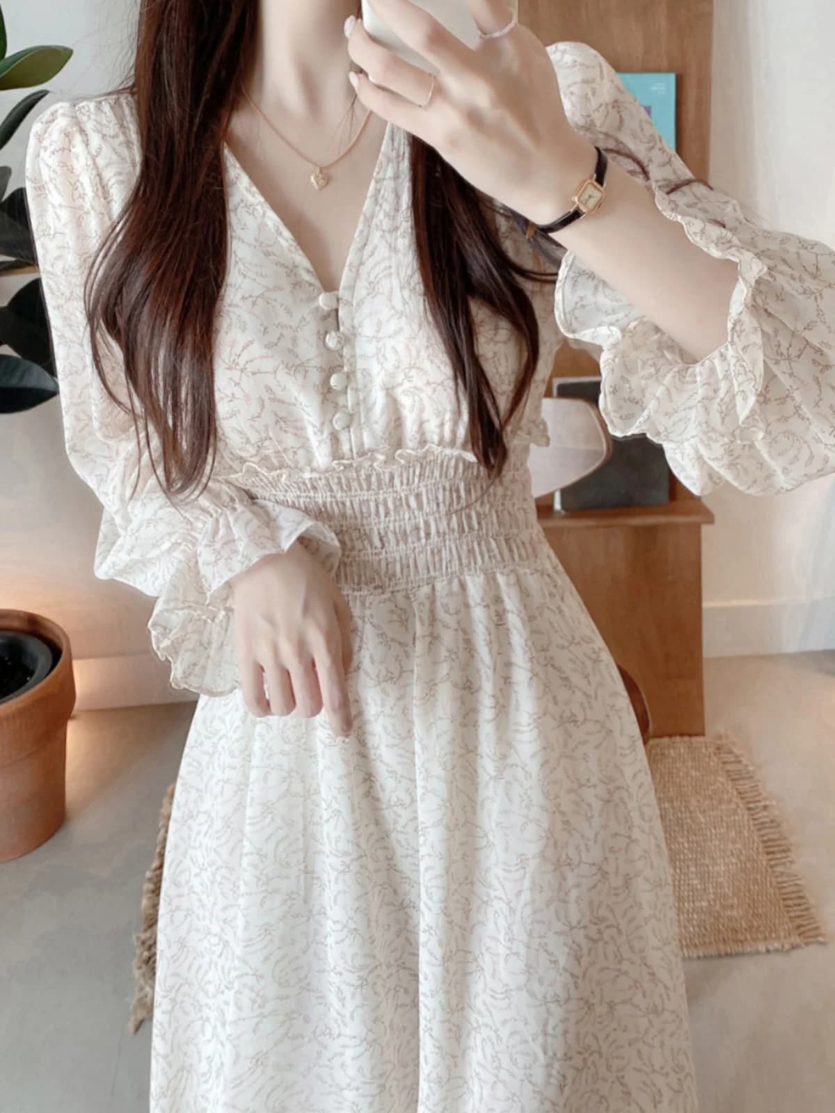 Abito Midi in Chiffon con Scollo a V, Vita Plissettata, Maniche Lunghe, Stile Coreano, Vita Alta, Gonna a Trapezio e Stampa Floreale - Collezione Primavera