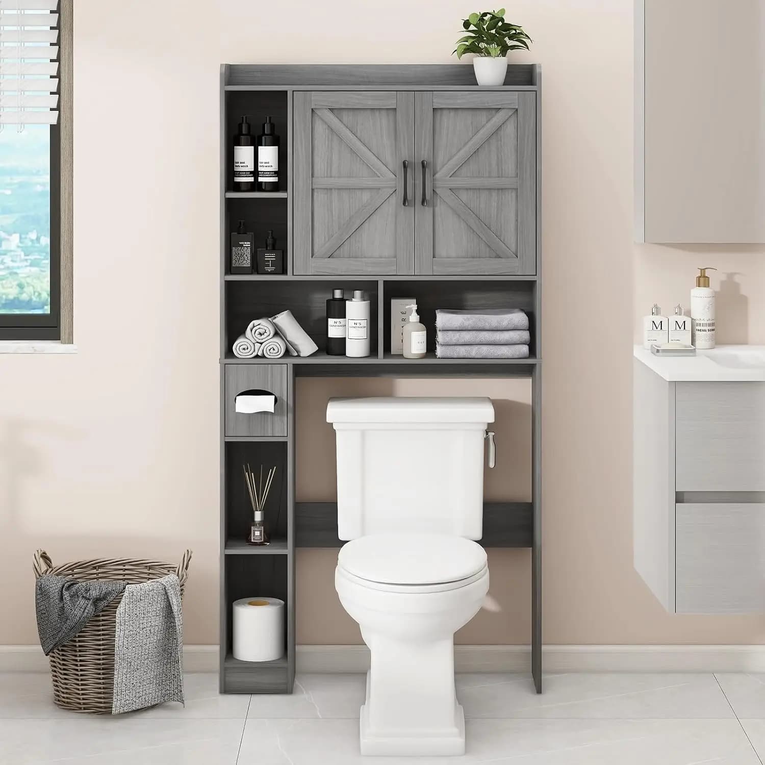 Mobiletto Salvaspazio da Posizionare Sopra il WC, Stile Rustico con 2 Ante Scorrevoli, Porta Carta Igienica, Ideale per Bagno e Lavanderia