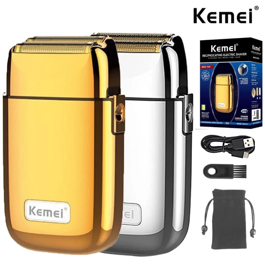 Kemei Pro Barberology Rasoio a doppia lamina in metallo Titanio Rasoio super chiuso Cordless Zero Trimmer retrattile per la finitura dell'oro