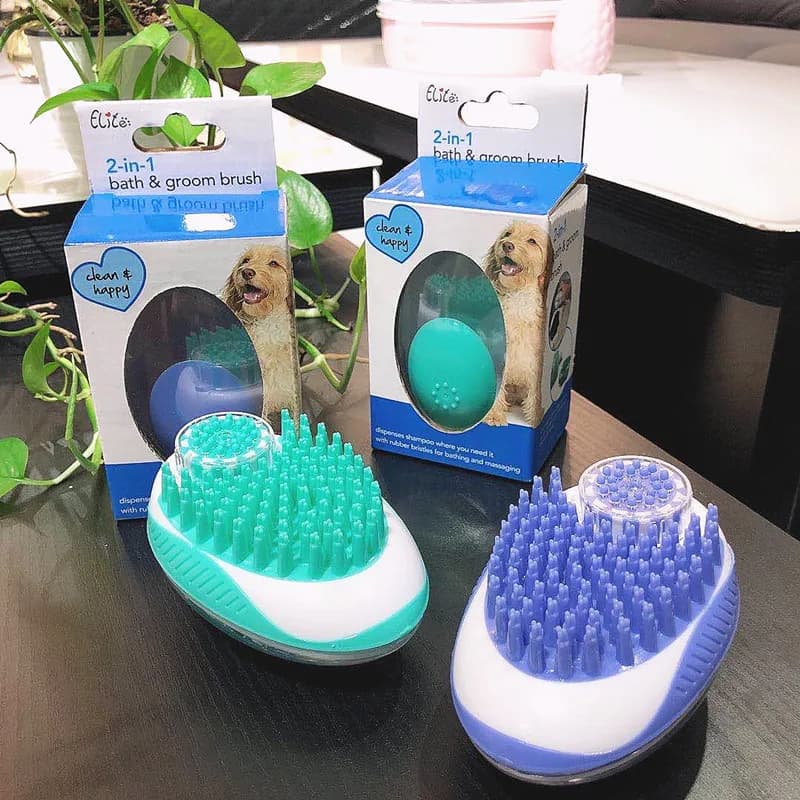 Dog Bath Brush with Shampoo Dispenser, Squeeze Soap Massage Grooming Tool for Cats Dogs •