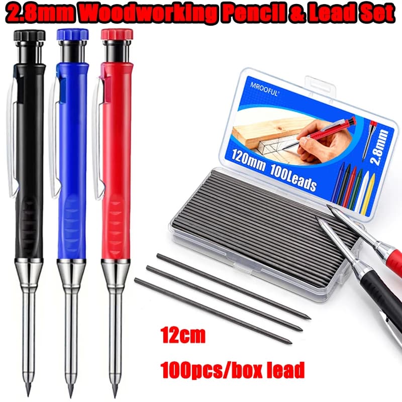 Professional 2.8mm Long Head Woodworking Pencil Set with 100pcs/box Lead Refill, for Carpenter Engineering Marking Scribing Tool