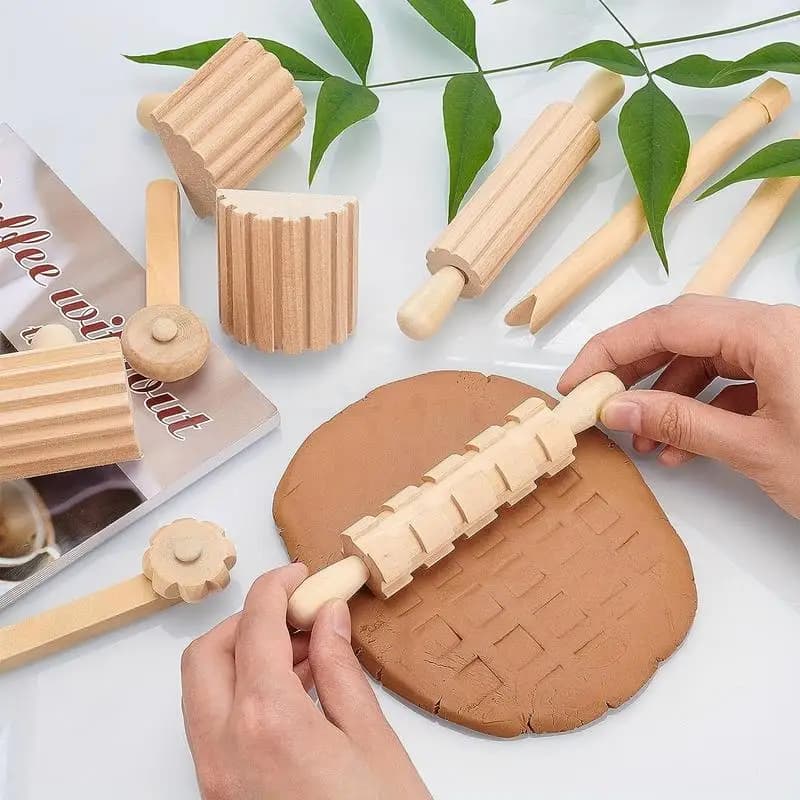 12Pcs/Set Wooden Clay & Dough Tool Set Roller Hammer Stamps Shapes PVC Free DIY Pottery Crafts Art Projects Creative Events
