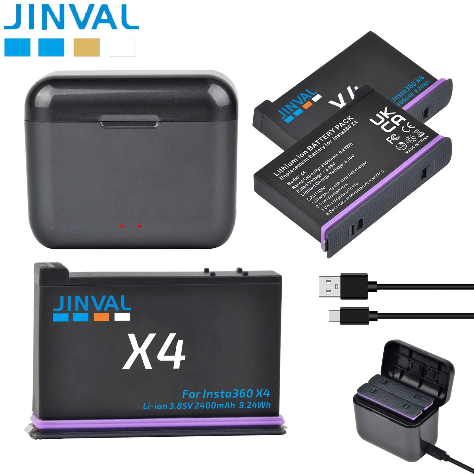 JINVAL Battery for Insta360 X4 2400mAh Replacement Battery + Quick Charger Case Dual for Insta 360 ONE X 4 Action Camera