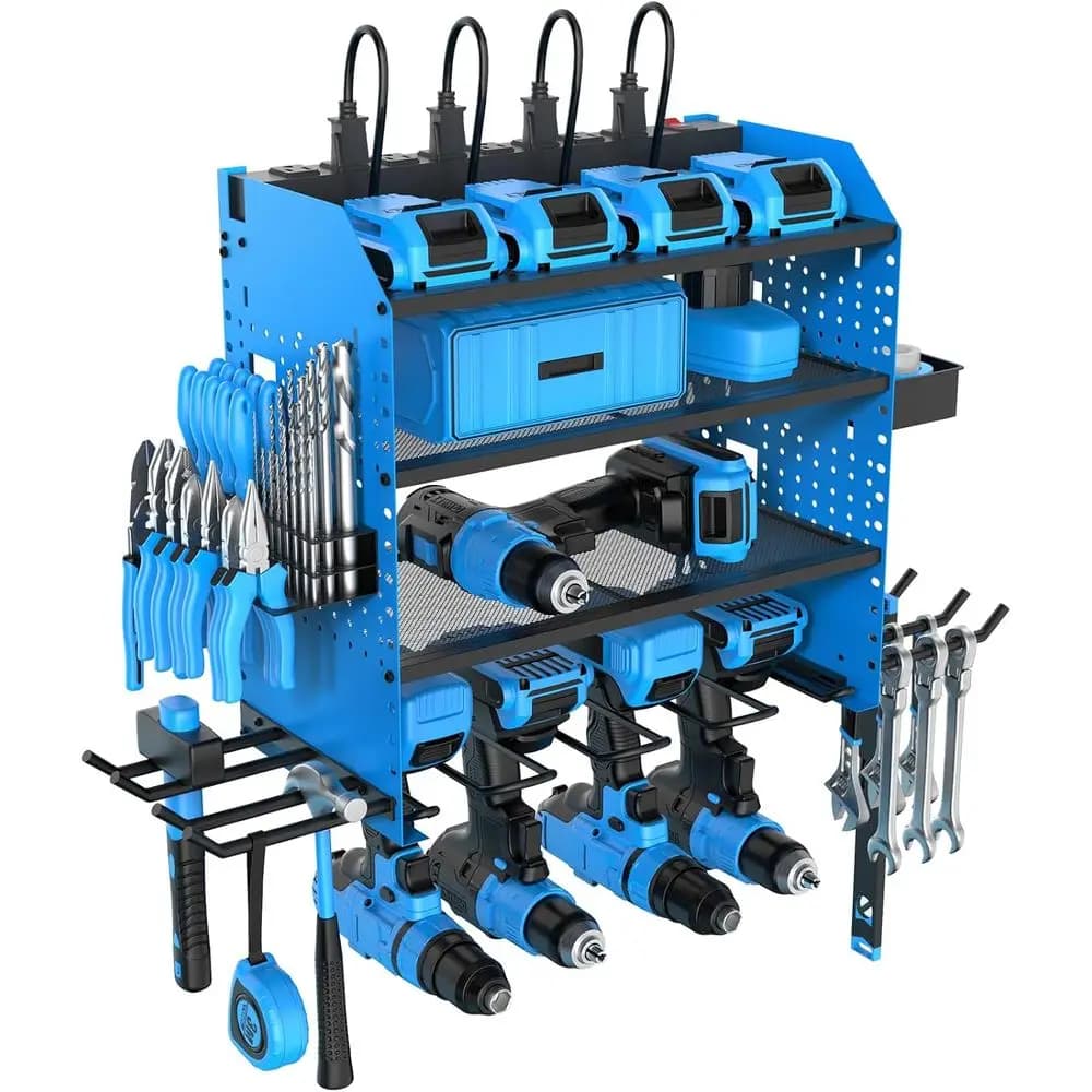 Organizer for Electrical Tools from Wall with Refill Station, 4 Adjustable shelves in Height for Garage, Contains 4 Trapani