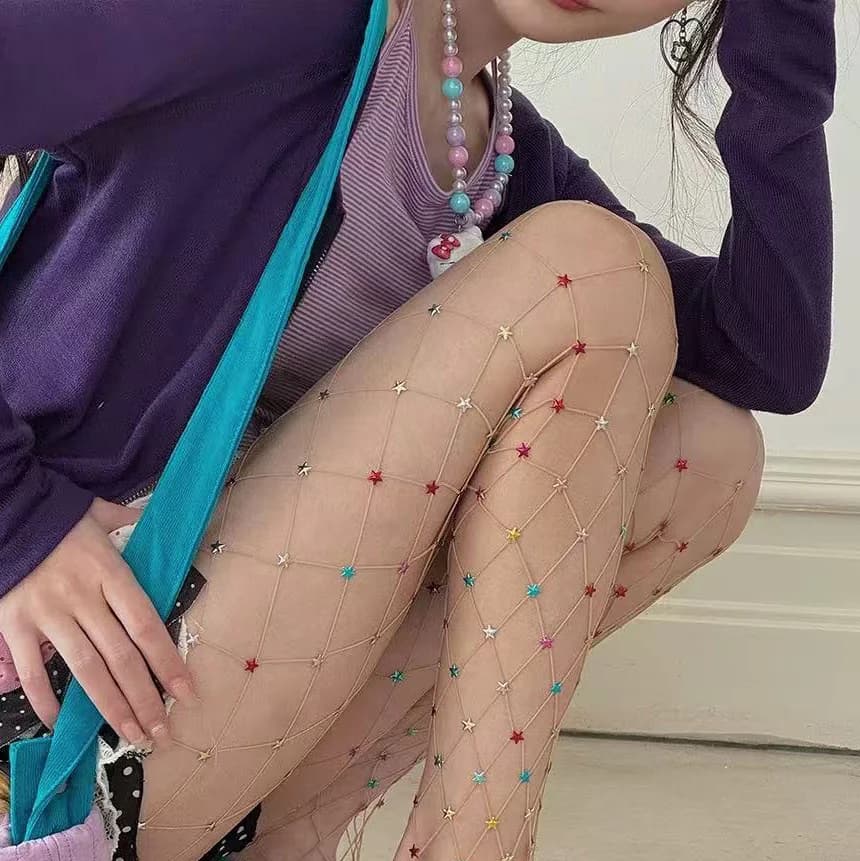 Calze a rete da pesca con diamanti stellati colorati Collant da donna sexy con trapano caldo Collant a punto moda Collant sottili per feste femminili