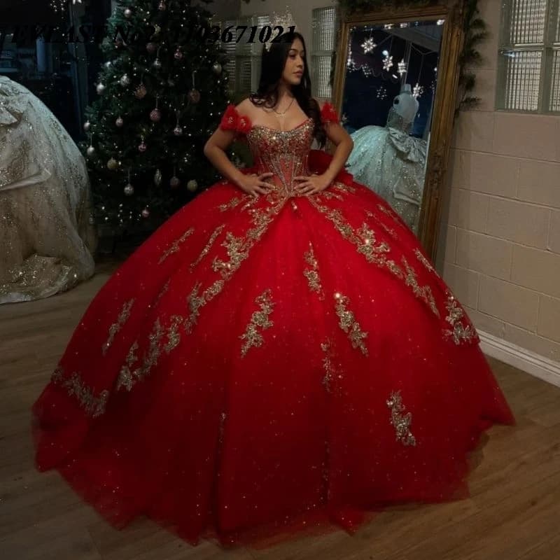 EVLAST Personalizzato Rosso Lucido Abito Quinceanera Abito di Sfera Dell'oro Del Merletto di Applique Che Borda Arco Corsetto Dolce 16 Abiti 15 Anos E2QA120