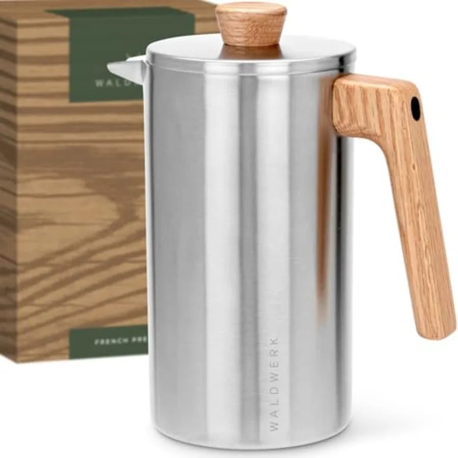 French Press 34 oz - Non-Toxic Stainless Steel Double Wall French Press Coffee Maker - Plastic Free Coffee Press with Oak Wood
