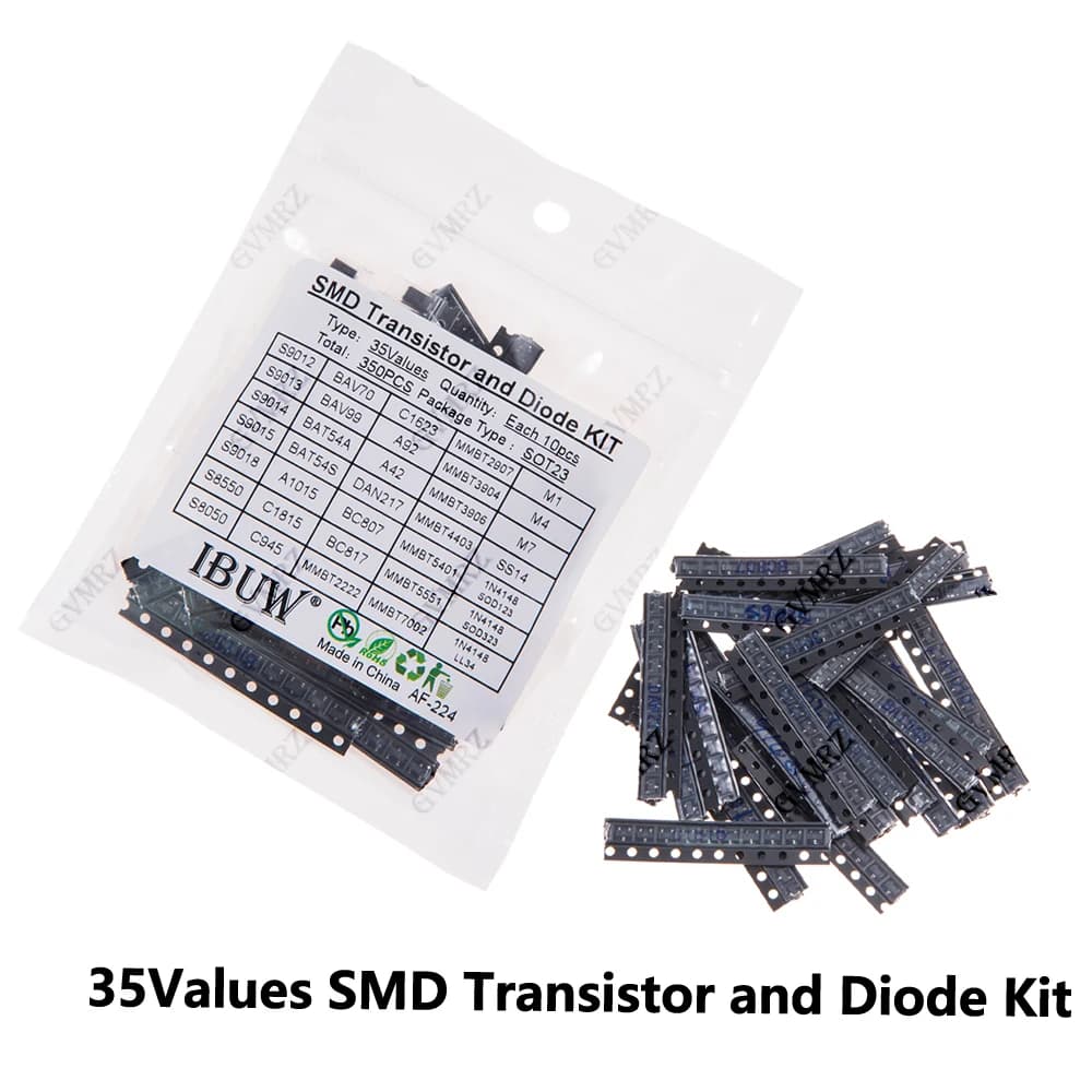 Kit di transistor e diodi SMD da 350 pezzi, 35 valori, SOT23 (S9012/BAV70/1N4148 ecc.) Progetto di Circuito Elettronico Fai-da-Te per Arduino S9012