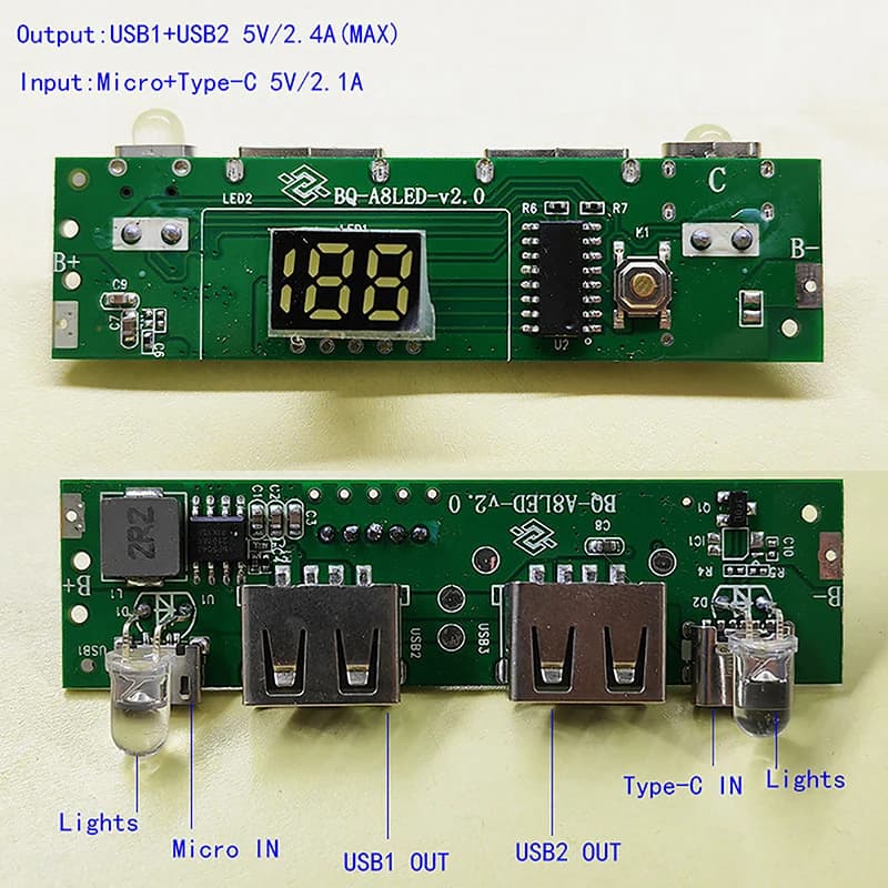 LED Dual USB 5V 2.4A Micro/Type-C USB Mobile Power Bank 18650 Modulo di ricarica Batteria al litio Caricabatterie Scheda di protezione del circuito