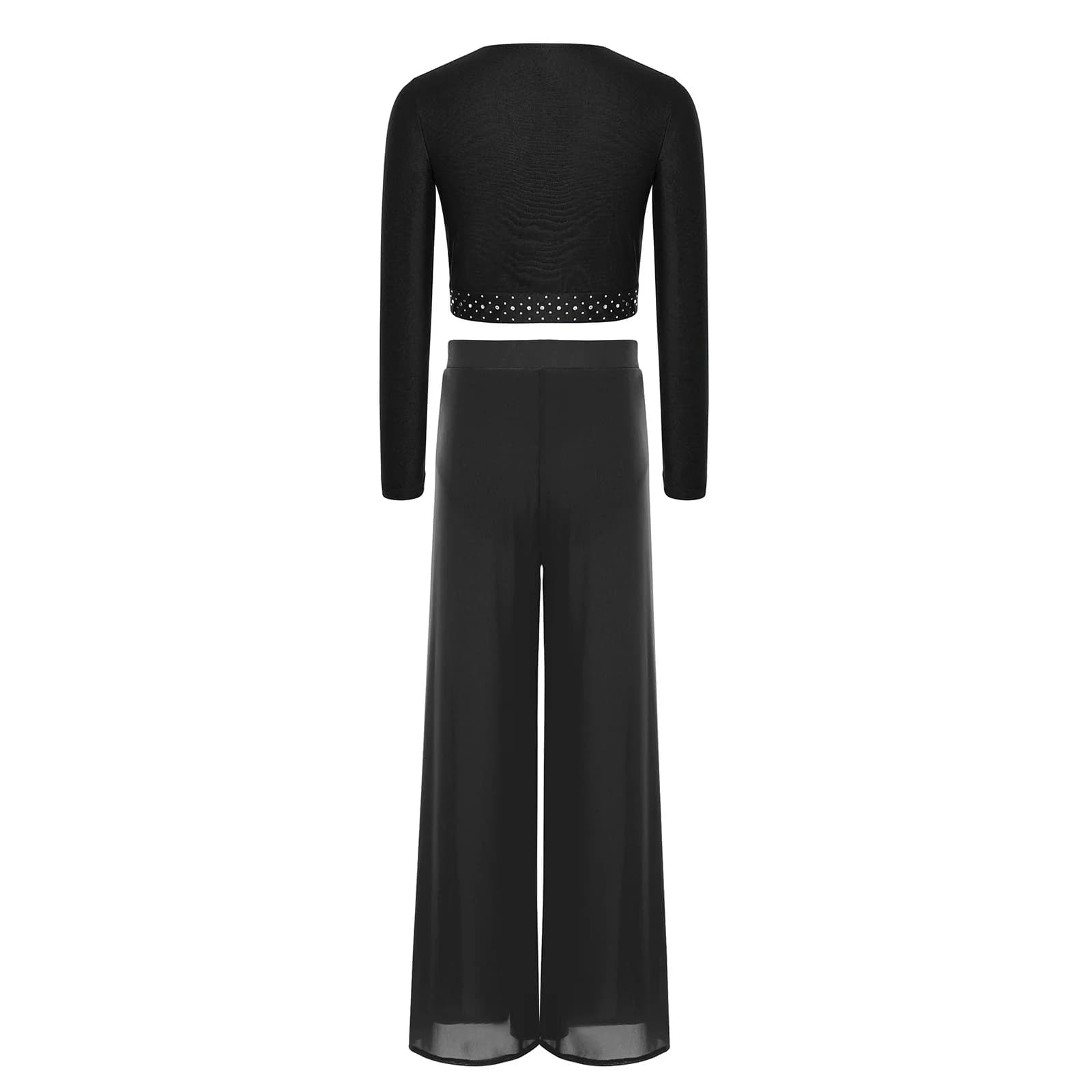 Kids Girls Lyrical Dancing Crop Top with Mesh Pants Suits Shiny Rhinestones Ice Figure Skating Outfit Ballet Dance Costume