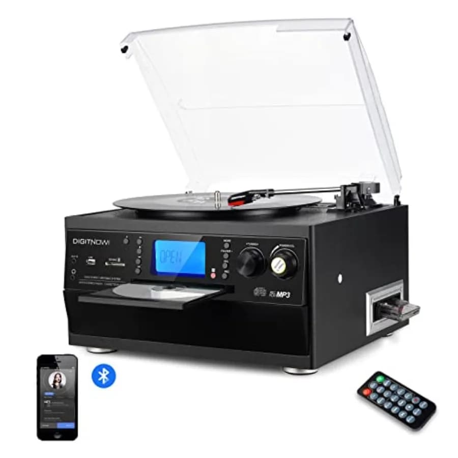 Giradischi Bluetooth con Altoparlante Stereo, Convertitore da Vinile a MP3, Nero, con Lettore CD, Cassetta, Radio, Ingresso Aux, USB, SD