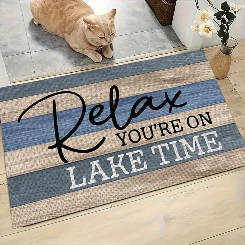 Vintage striped entrance carpet for house at the lake, with 'Welcome' and 'Relax, six in lake time', for veranda or coastal cabin