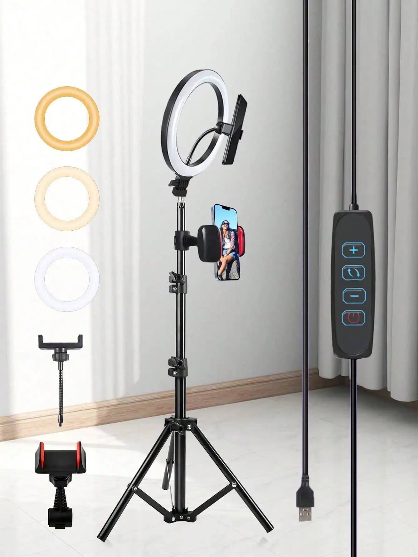 Set di luci ad anello LED da 10 pollici per selfie con treppiede regolabile da 43 pollici e 2 morsetti universali per telefono, luce di riempimento dimmerabile alimentata tramite USB, ideale per trucco, registrazione video e live streaming per feste di Halloween