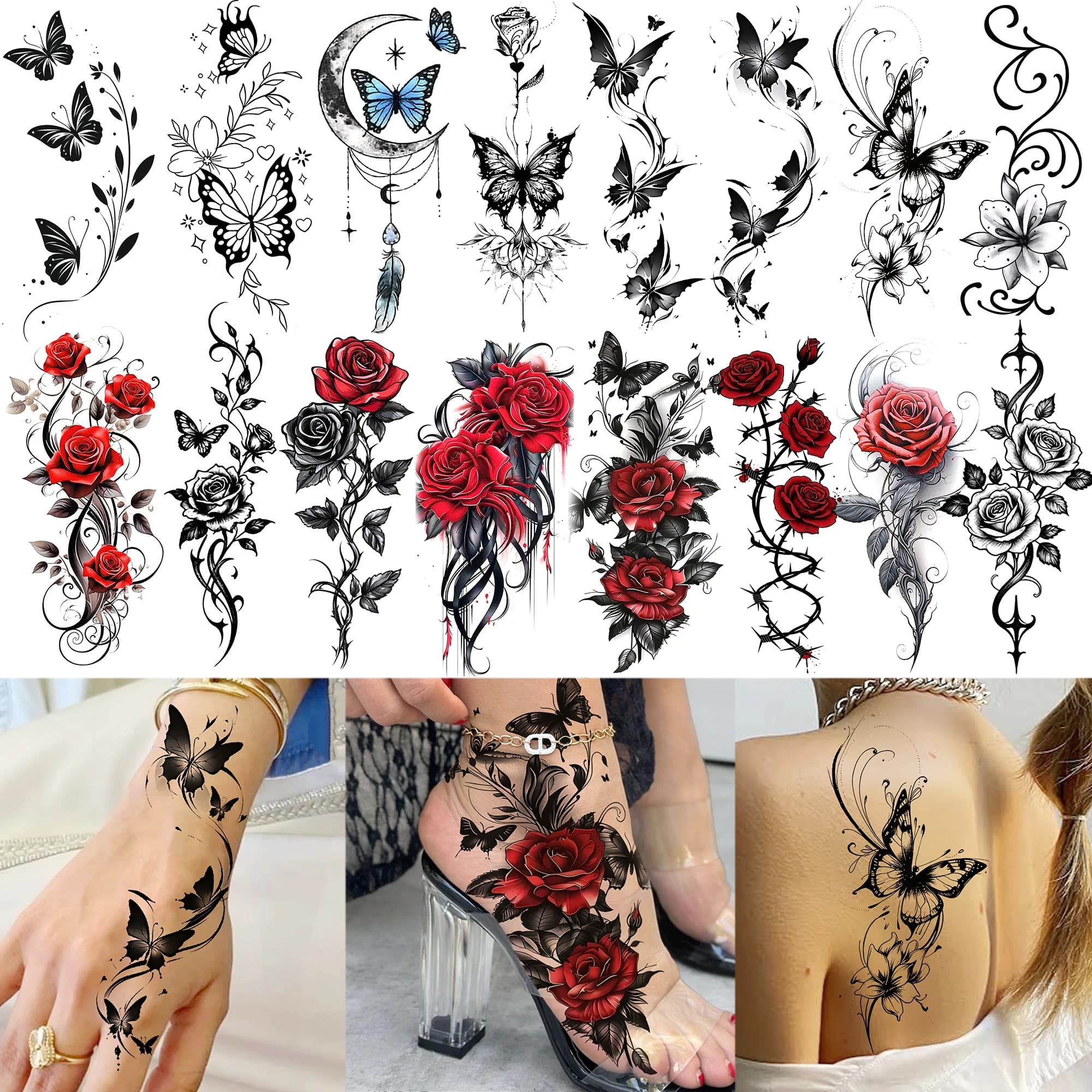 1 Sheet Rose Lily Butterfly Temporary Tattoos Women Hands Foot Neck, Fake Tattoo Sticker Waterproof Long Lasting Realistic Tatoo