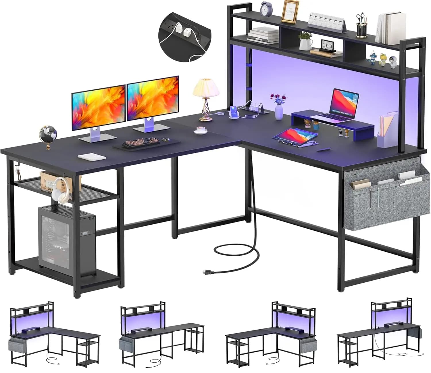 Scrivania a L con Presa Elettrica, Scrivania da Gaming ad Angolo con LED e Ripiano, per 2 Persone, Nera, Personalizzabile