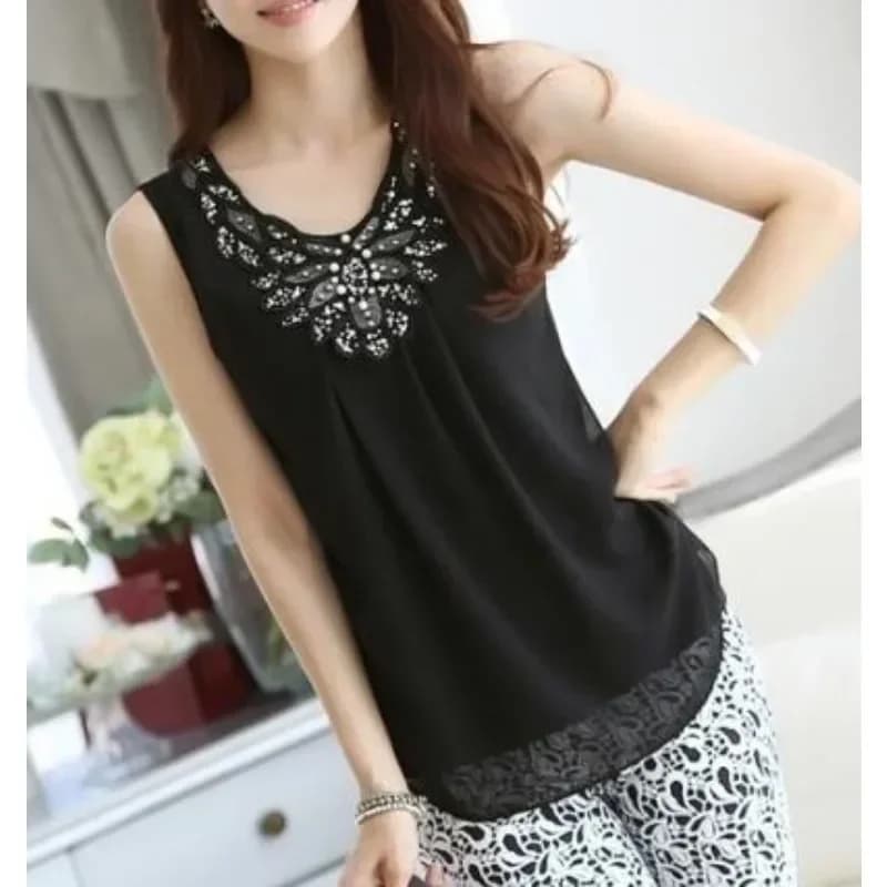 Camicette da donna, camicie casual senza maniche, camicette in chiffon con pizzo e diamanti scintillanti