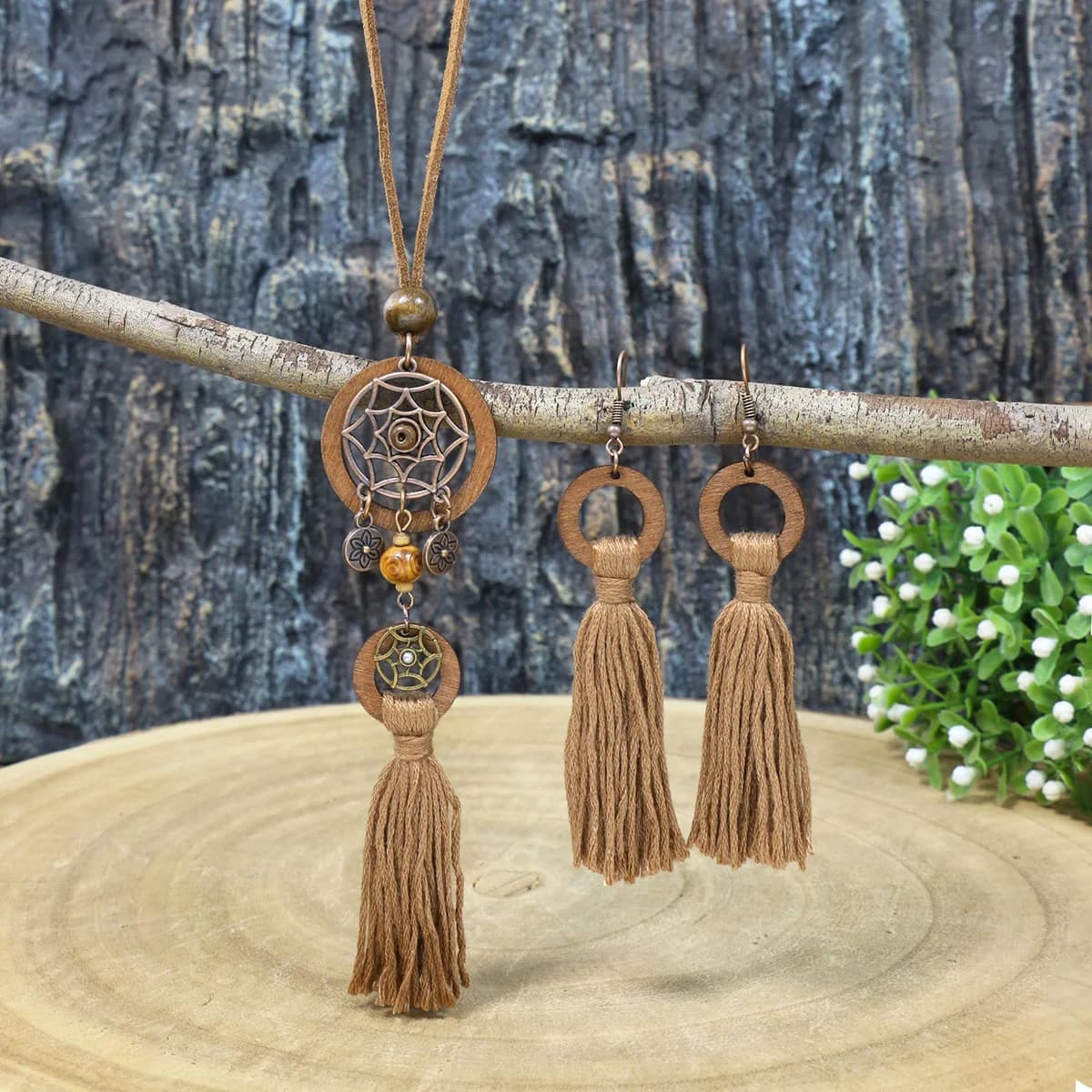 Bohemian dream catcher fringed earrings wooden necklace ethnic style long fringed pendant with jewelry sweater chain