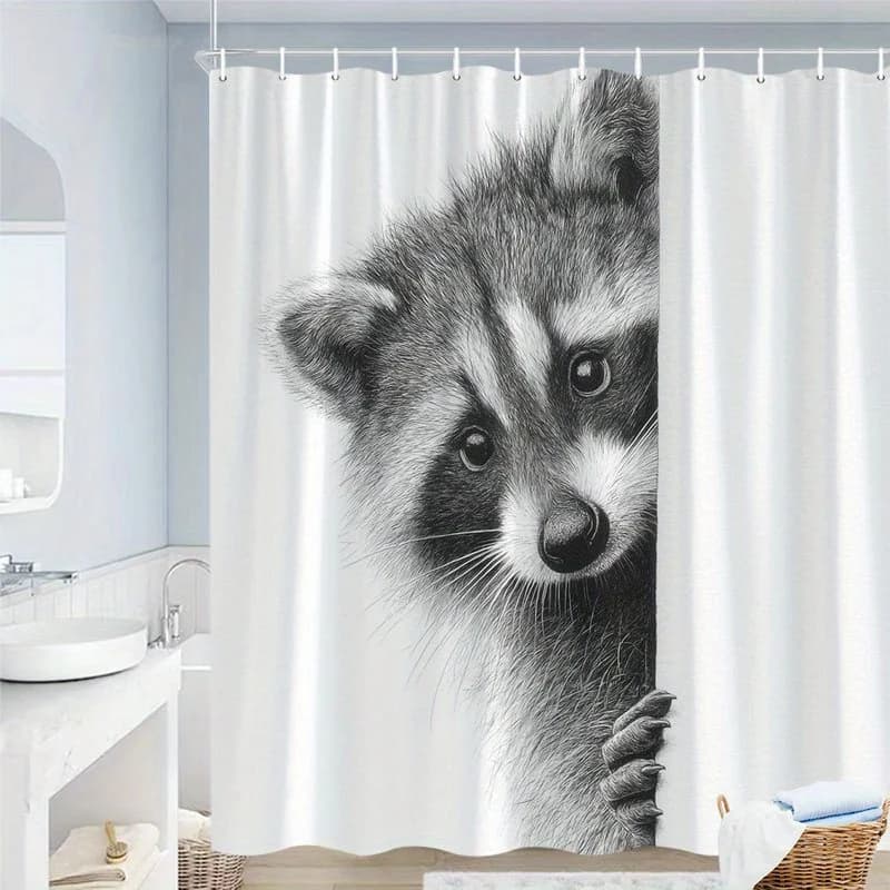 Black White Raccoon Shower Curtain Waterproof Animal Illustration Sketch Bathroom Decor Modern Wildlife Bath Curtain Shower