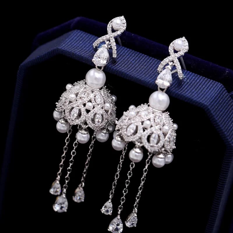 European and American Heavy Exaggerated S925 Sterling Silver Needle Vintage Wind Chime Earrings Tassel Pearl Bell Earri