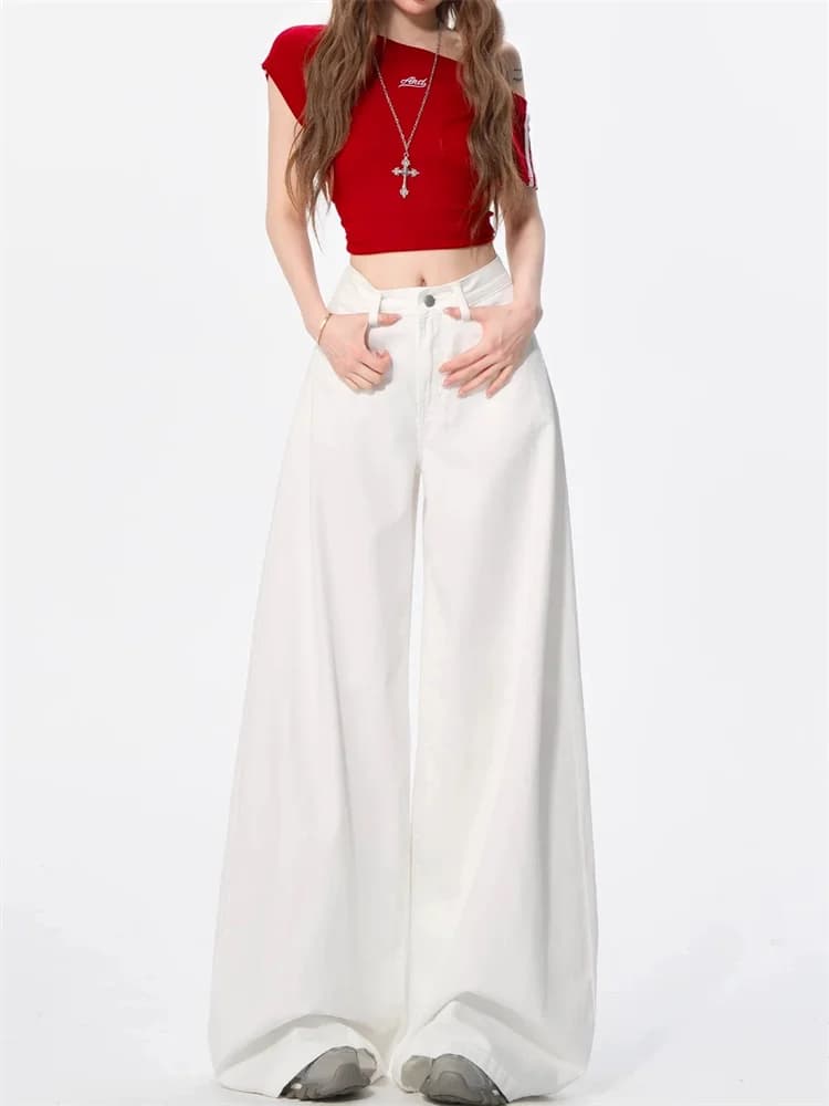 White Wide Leg Jeans Women Loose Straight Trousers Slim Fit Drape Design Casual Long Pants Minimalist Denim