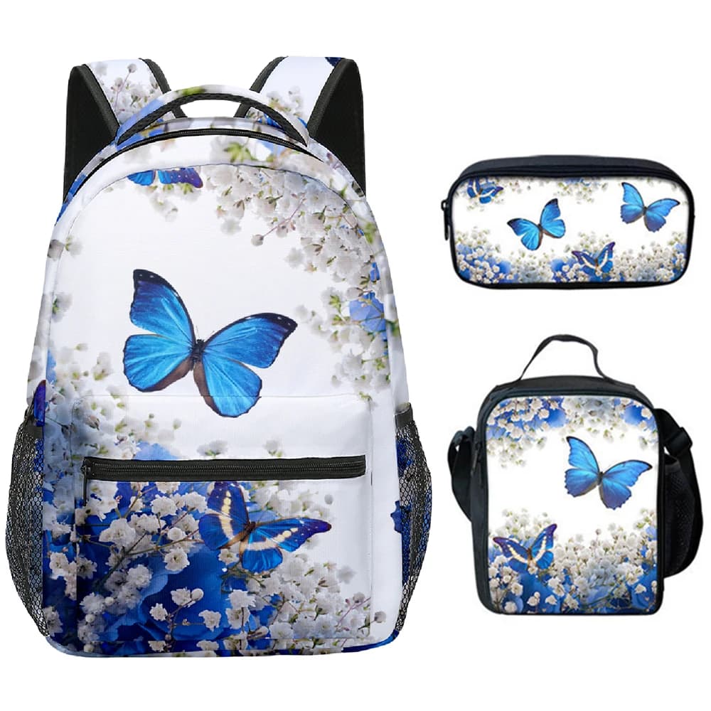 Set Creativo e Bellissimo di 3 Pezzi con Stampa 3D di Farfalle: Zaino Scolastico, Borsa per il Pranzo e Astuccio per Studenti e Viaggi