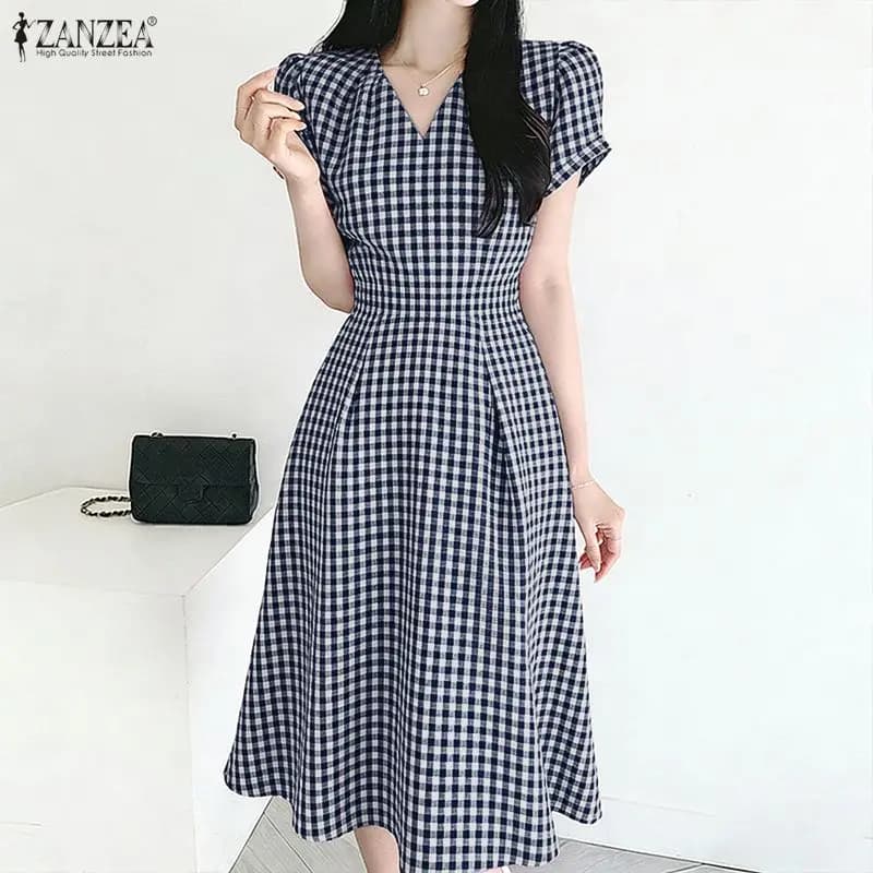 2026 Summer Checked Print Dress ZANZEA Women Elegant V Neck Short Sleeve Dresses Pleated Midi Robe Casual Work Sundress Vestido