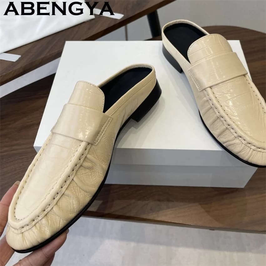 Mules Casual da Donna in Vera Pelle con Punta Tonda, Ciabatte Estive alla Moda, Scarpe Loafer Comode per Donna