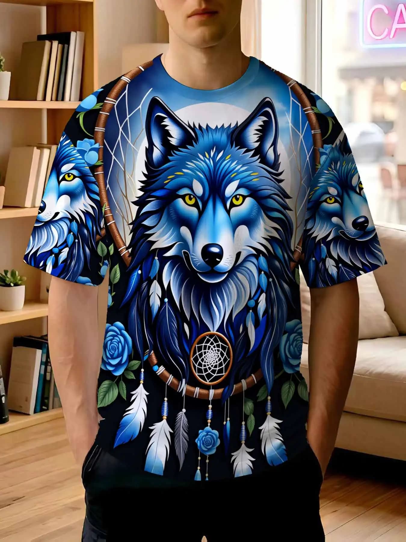 2026 new printed T-shirt Men's Trendy Indian Style Blue Wolf Dreamcatcher BluePrint Casual T-Shirt