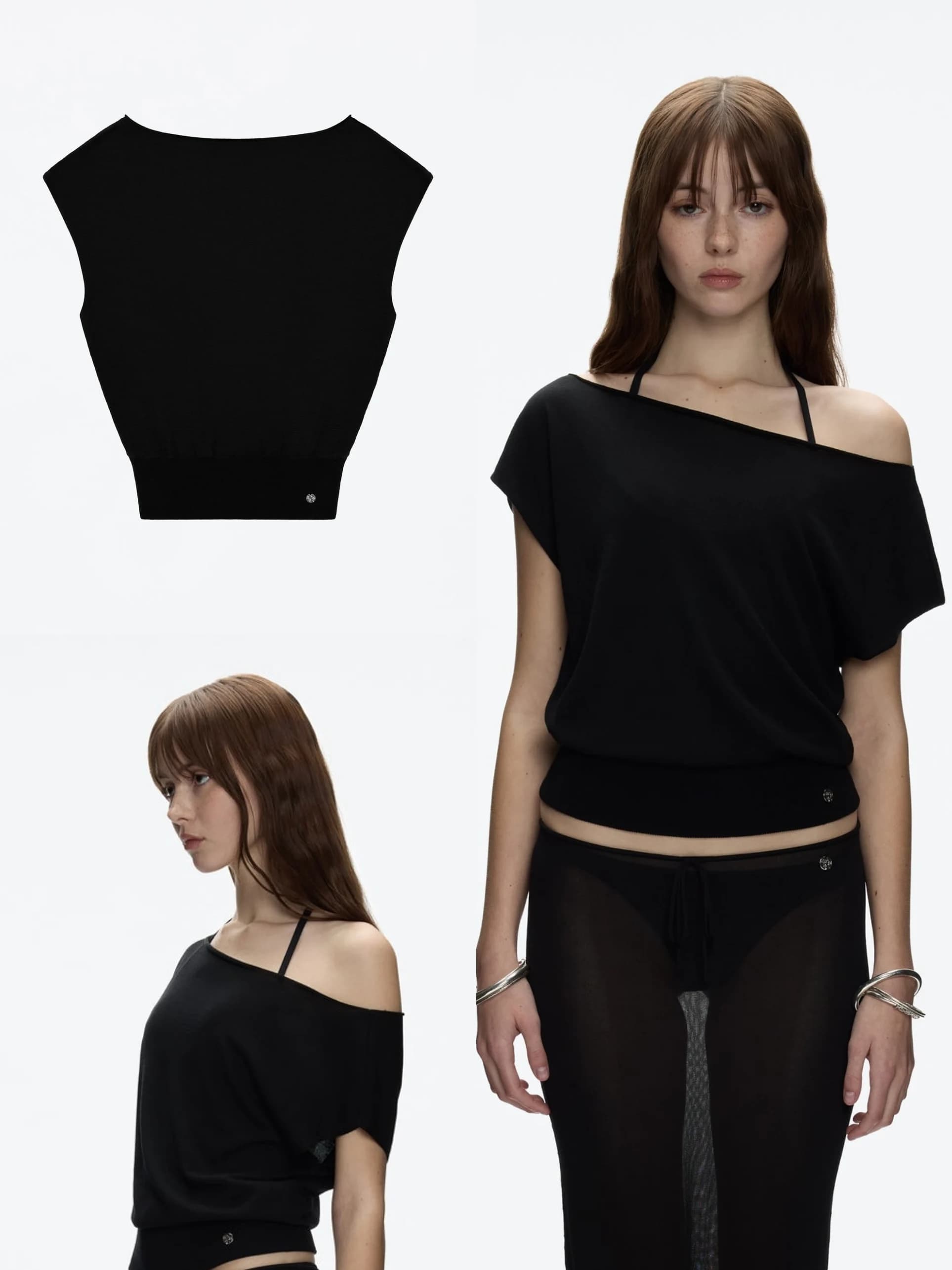 Canotta estiva da donna nera sexy con spalle scoperte a maniche corte, top in maglia pigro e leggero