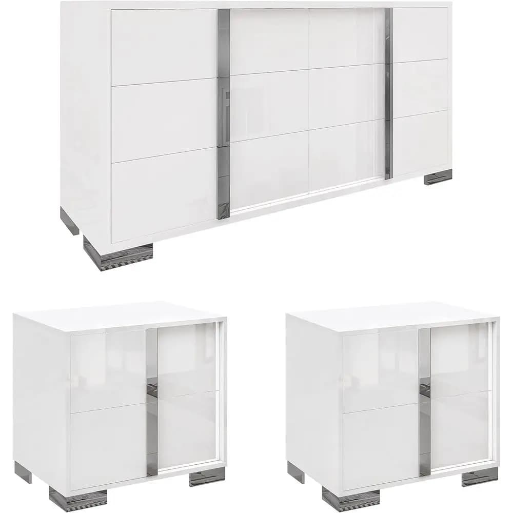 Set Camera da Letto Moderno 3 Pezzi Bianco: 2 Comodini e Cassettiera a 6 Cassetti, Cassetti con Scorrimento Silenzioso, Maniglie in Metallo, Finitura UV Lucida
