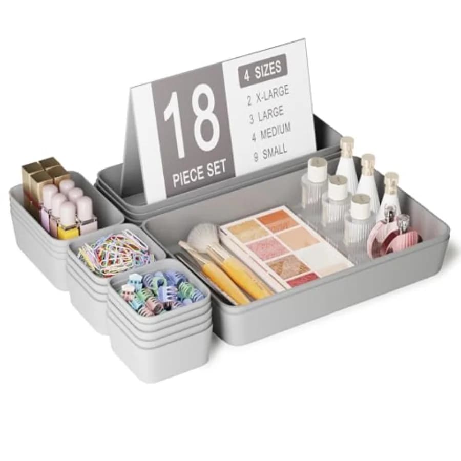 Set di 18 Organizzatori per Cassetti, Contenitori Impilabili in Plastica di Varie Dimensioni per Trucchi e Camera da Letto