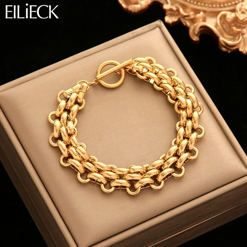 EILIECK 316L Stainless Steel Golden Cuban Bracelet For Women Men Trendy Waterproof Wrist Chain Jewelry Gift Party pulseras mujer