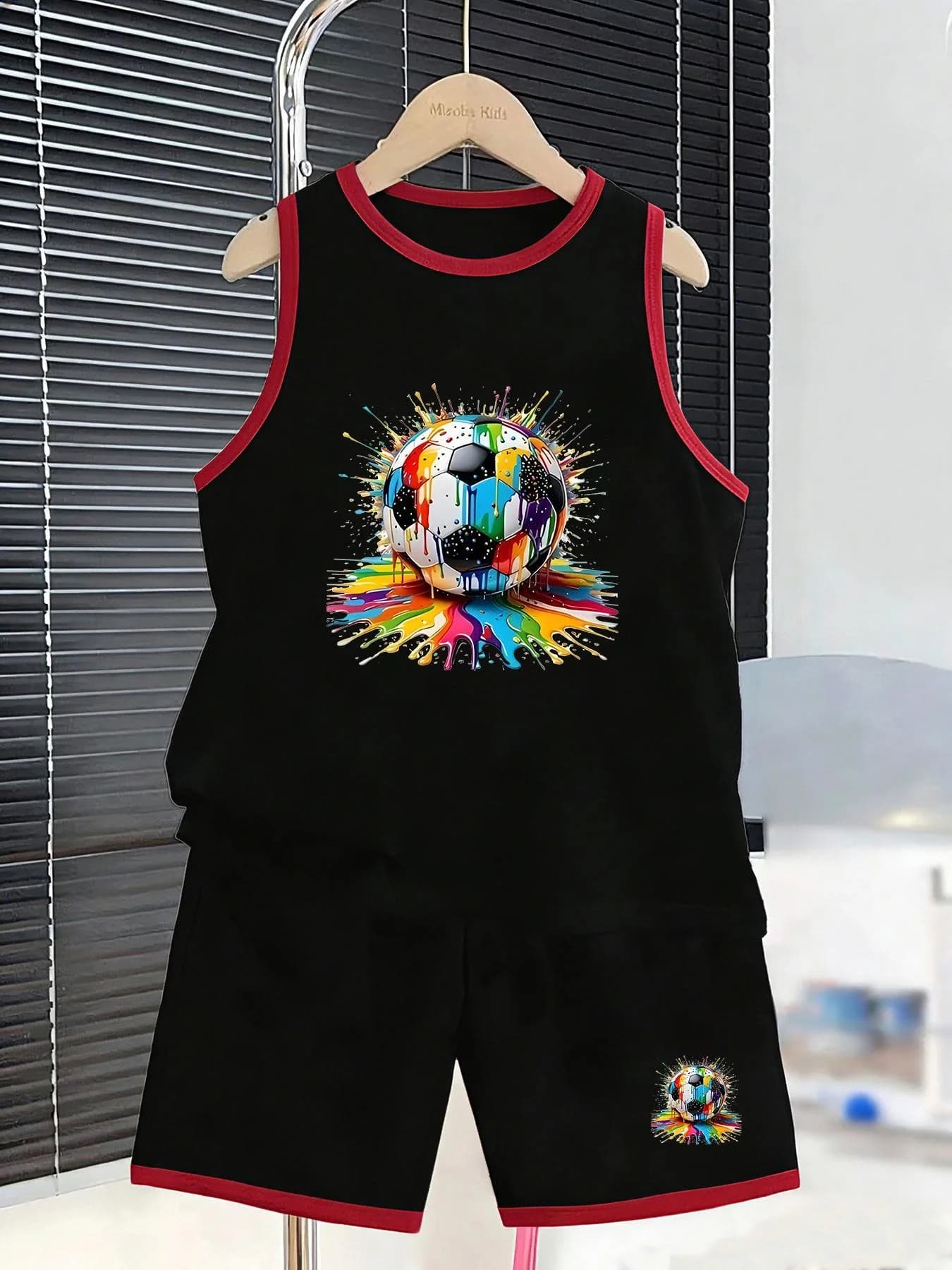 Boys' Colorful Splatter Football Vest Shorts Set Creative Print Comfortable Breathable Loose Fit for Daily Wear And Street Style